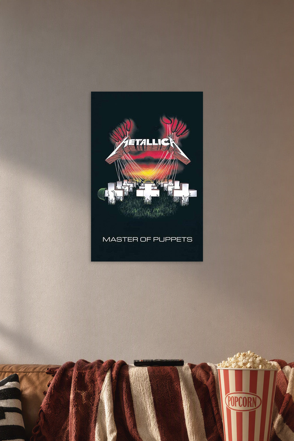 Metallica Master of Puppets Album Music in a cozy movie room above a brown sofa with popcorn.