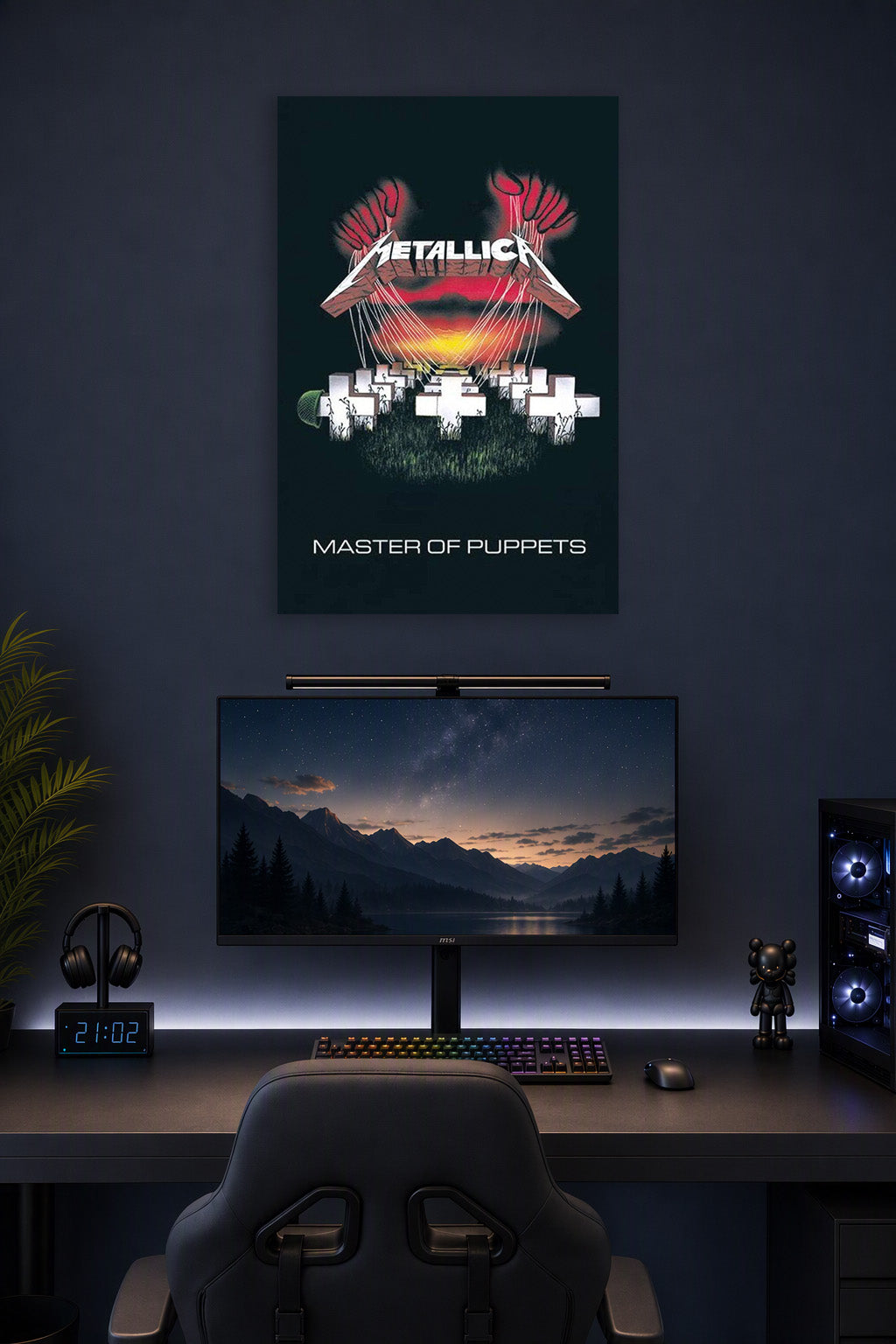 Metallica Master of Puppets Album Music in a gaming desk setup above a monitor.