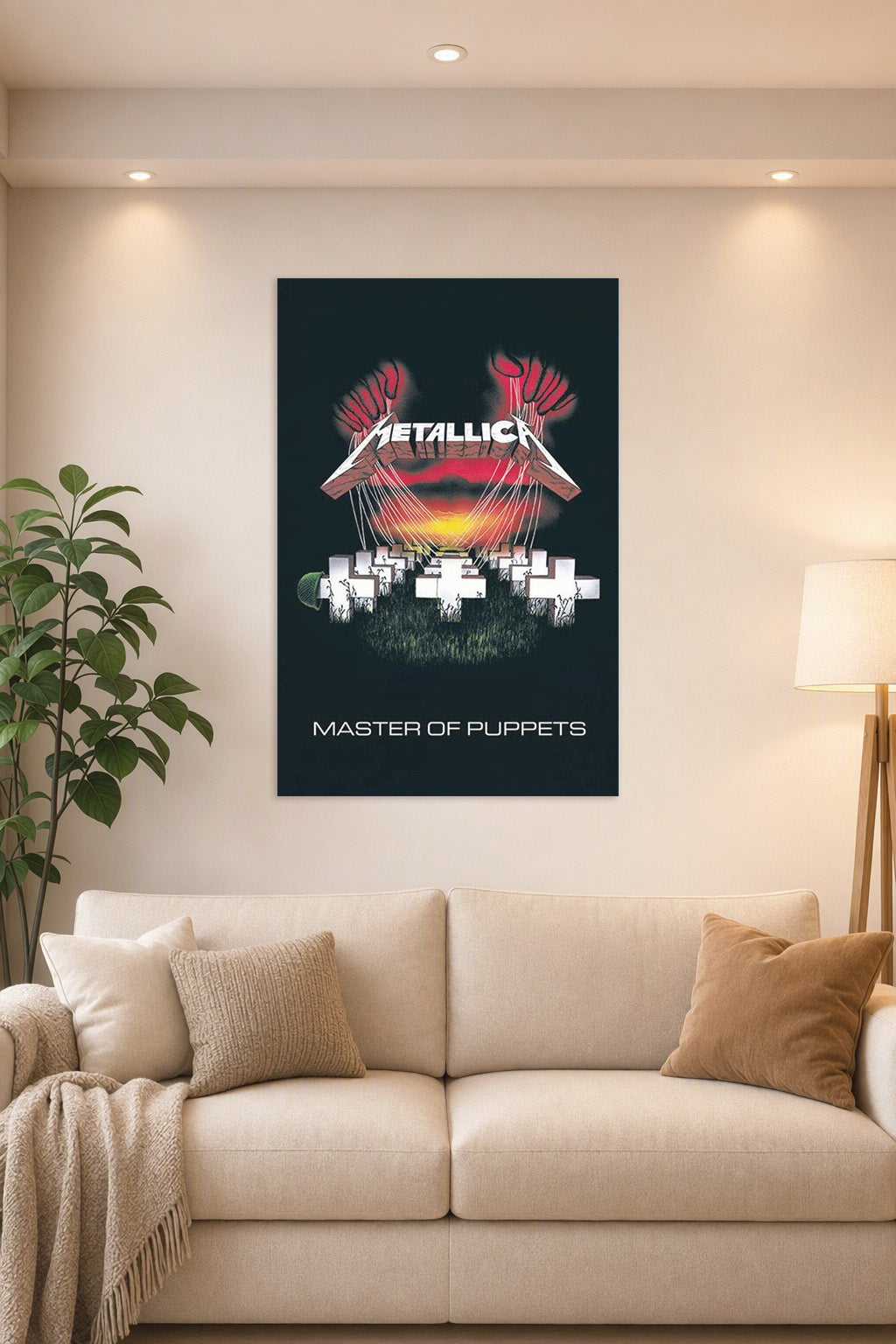 Metallica Master of Puppets Album Music in a bright living room above a beige sofa.