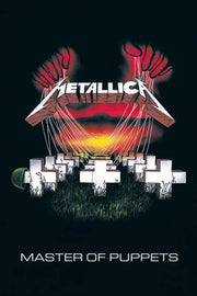 Metallica Master of Puppets poster features white cemetery crosses beneath red puppet hands, strings, and a fiery sunset.
