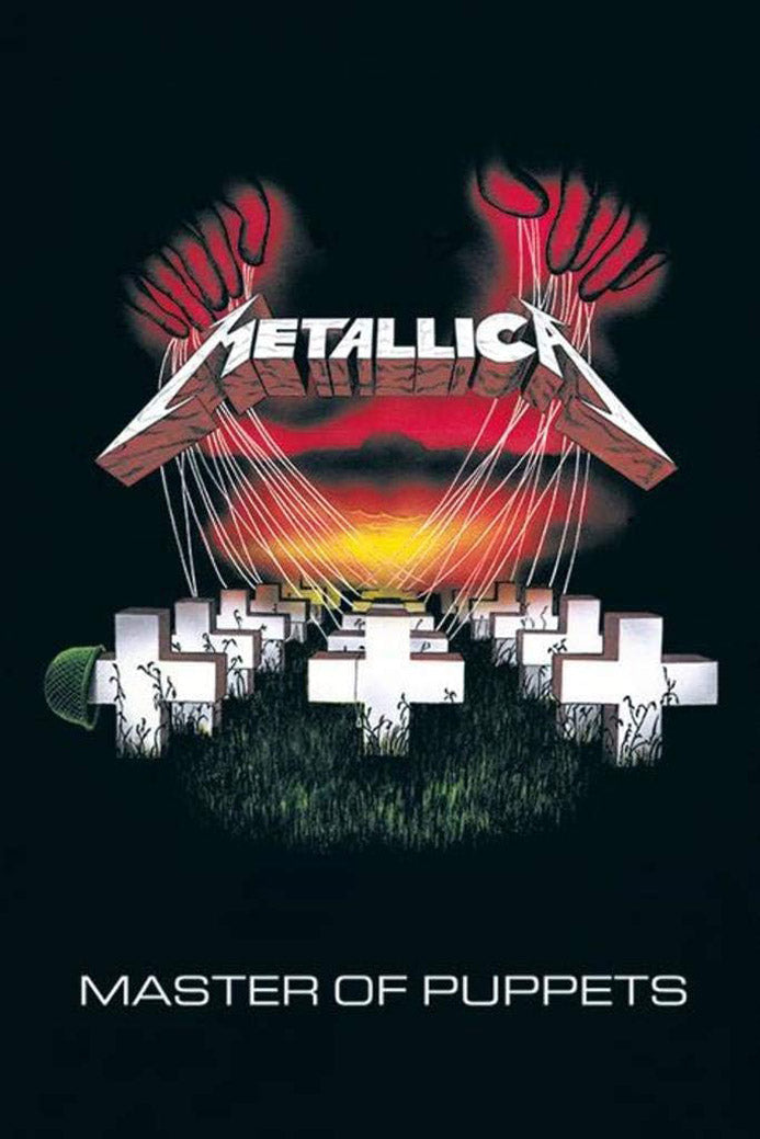 Metallica Master of Puppets poster features white cemetery crosses beneath red puppet hands, strings, and a fiery sunset.