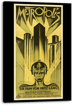 Metropolis movie poster canvas wall art with black gallery-wrapped edges, featuring a robot face and gold Art Deco city skyline.