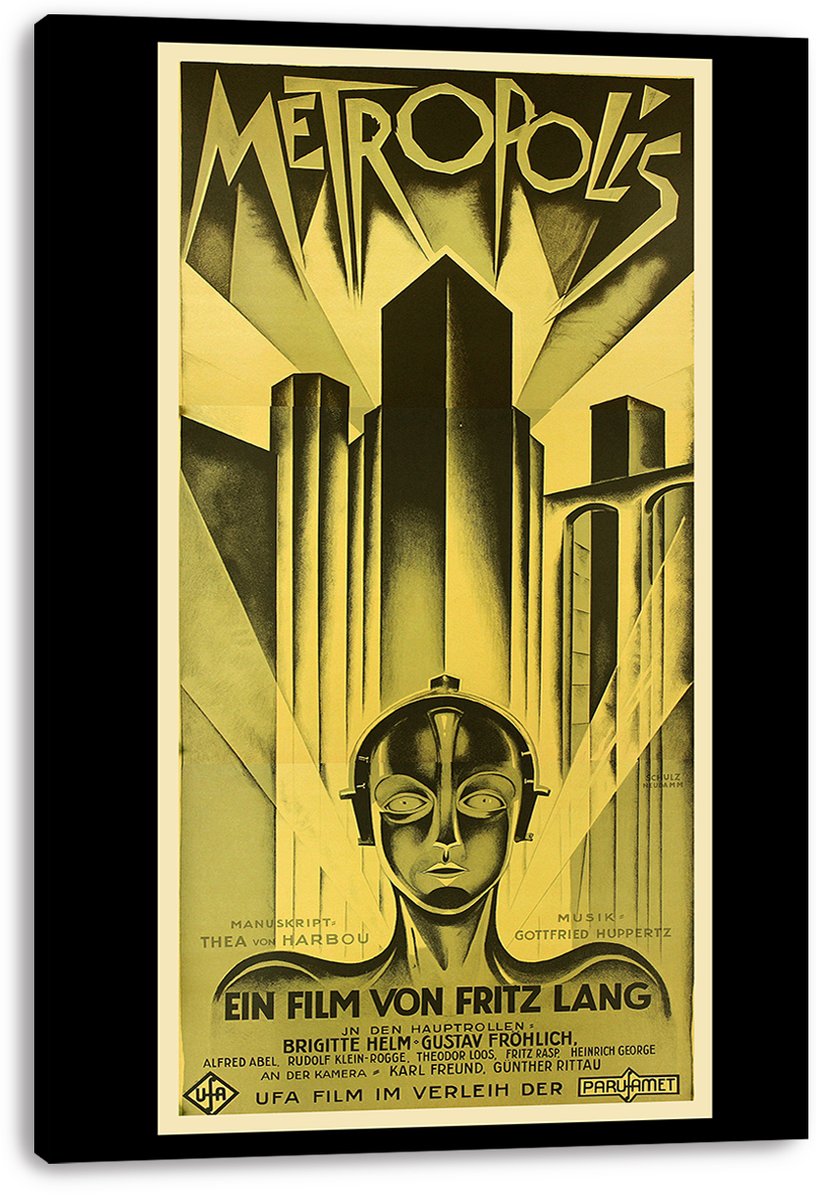Metropolis movie poster canvas wall art with black gallery-wrapped edges, featuring a robot face and gold Art Deco city skyline.
