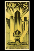 Metropolis movie poster wall art print with a robotic woman's face beneath towering Art Deco skyscrapers in black and gold.