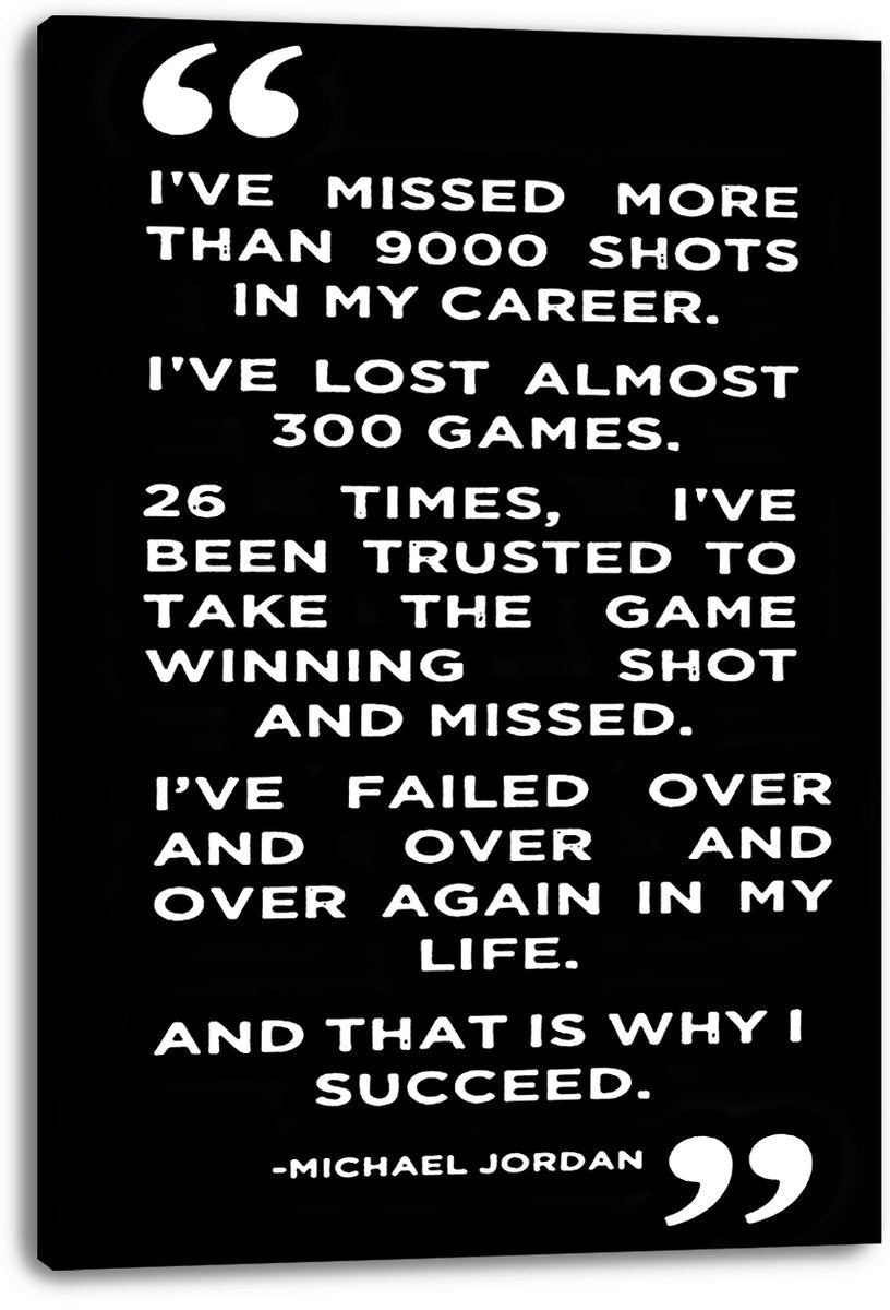 Michael Jordan quote canvas wall art print in a black gallery-wrap format with white motivational typography and quotation marks.