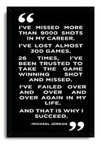 Michael Jordan quote wall art print presented in a slim black frame, with white text about missed shots, failure, and success.