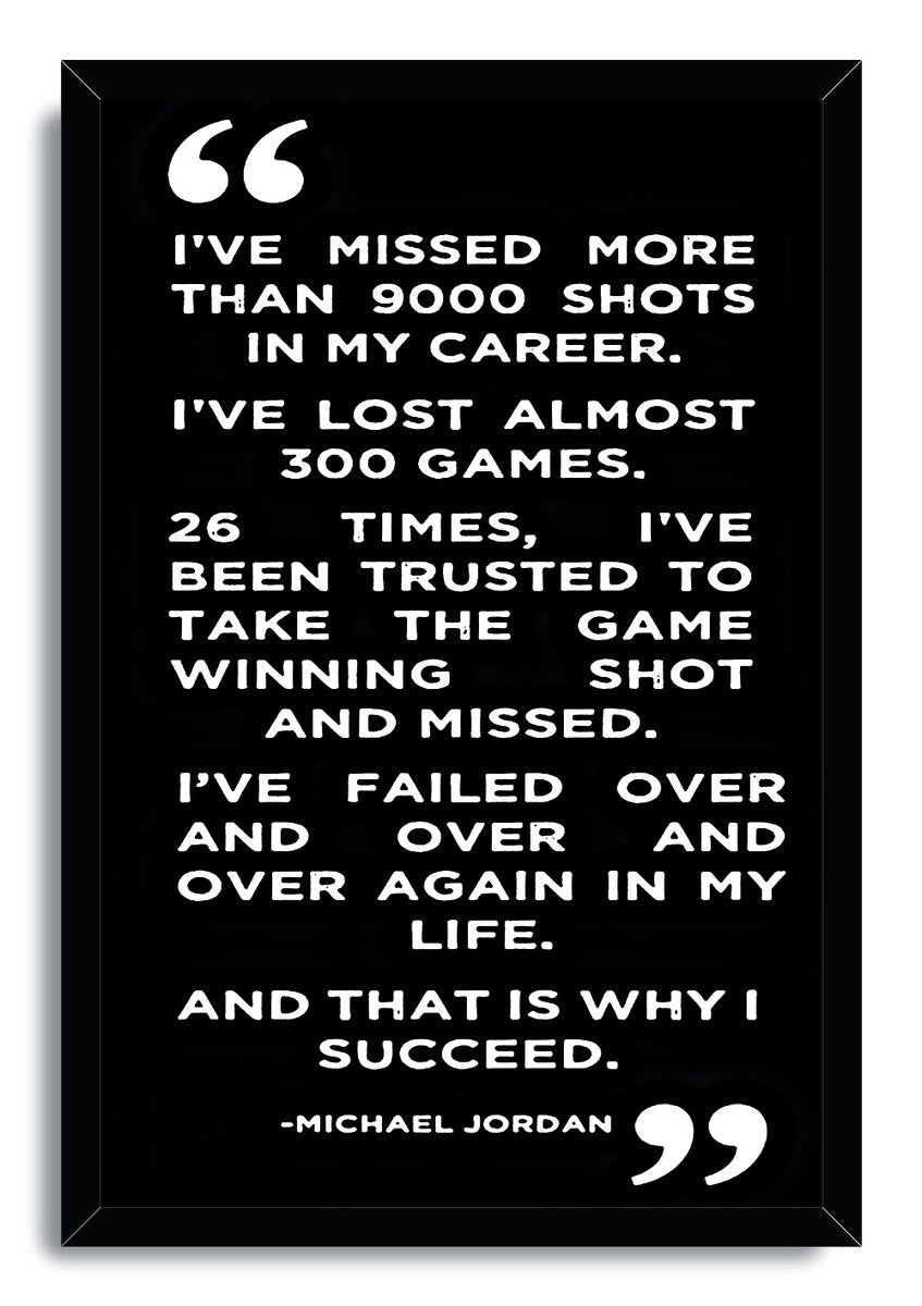 Michael Jordan quote wall art print presented in a slim black frame, with white text about missed shots, failure, and success.