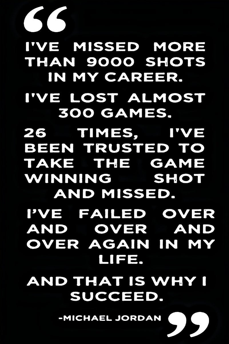 Michael Jordan quote wall art print with bold white text on black, sharing his reflections on failure and success.