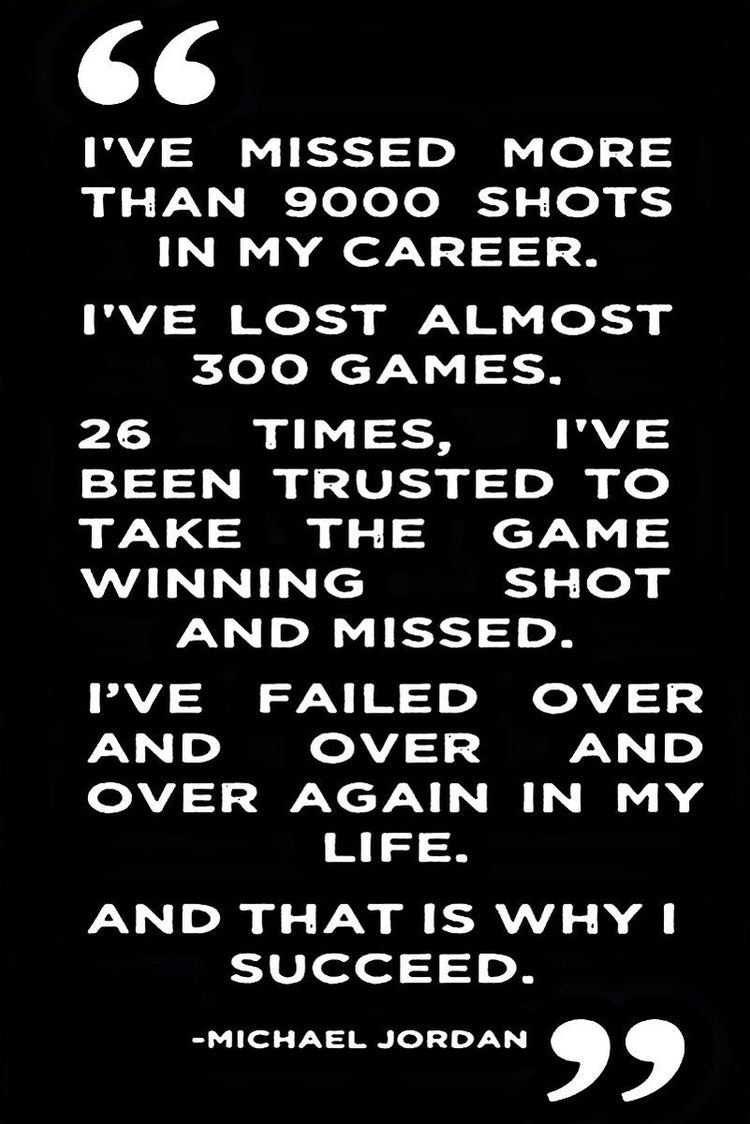 Michael Jordan quote wall art print with bold white text on black, sharing his reflections on failure and success.