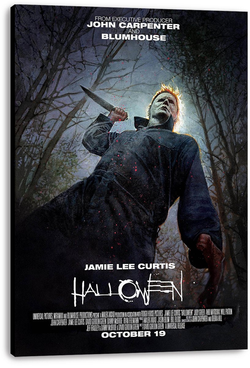 Michael Myers Halloween canvas wall art print displays the knife-wielding masked figure in a shadowy forest, stretched around black edges.