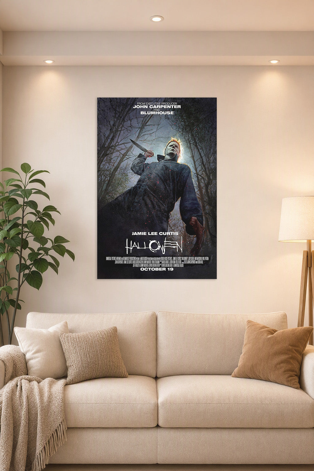 Michael Myers Halloween Movie in a bright living room above a beige sofa.