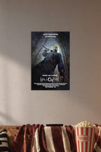 Michael Myers Halloween Movie in a cozy movie room above a brown sofa with popcorn.