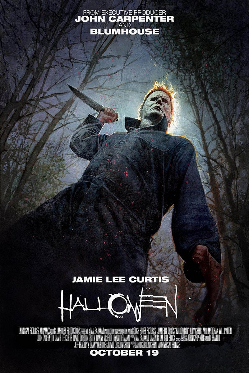 Michael Myers Halloween poster features the masked figure raising a knife in a dark forest, with red splatters and white title text.