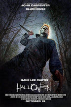 Michael Myers Halloween poster features the masked figure raising a knife in a dark forest, with red splatters and white title text.