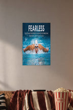 Michael Phelps Motivational Quotes HD Poster in a cozy movie room above a brown sofa with popcorn.