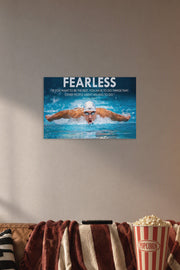 Michael Phelps Motivational Quotes HD Poster in a cozy movie room above a brown sofa with popcorn.