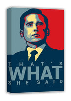Michael Scott canvas wall art print with a pop-art portrait, yellow bow tie, and “THAT’S WHAT SHE SAID” typography.