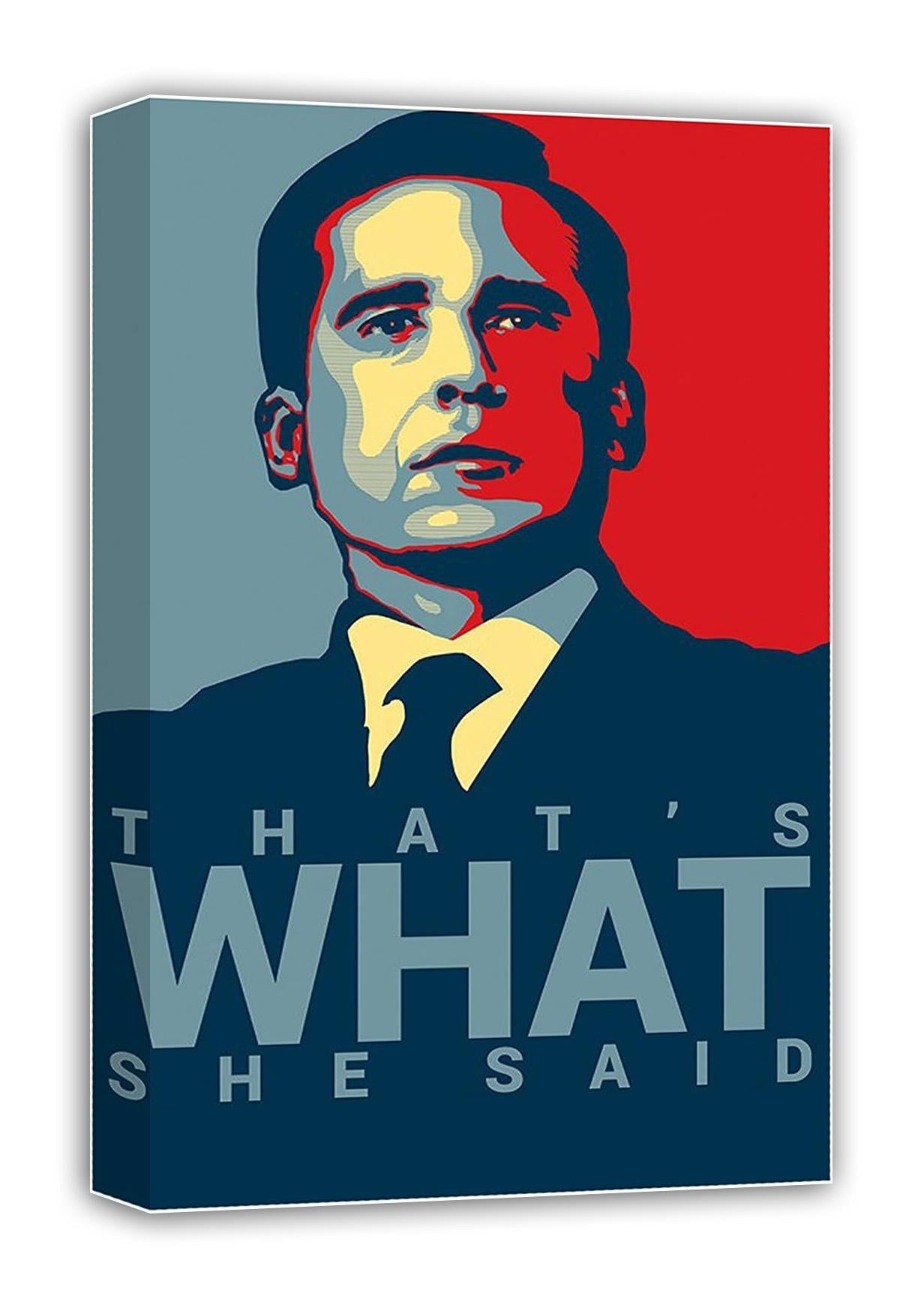 Michael Scott canvas wall art print with a pop-art portrait, yellow bow tie, and “THAT’S WHAT SHE SAID” typography.