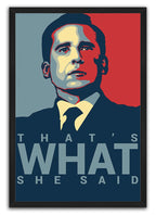 Michael Scott framed wall art print with a black border, graphic red and blue portrait, and the phrase “That’s What She Said.