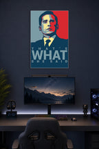 Michael Scott's Funny Motivational in a gaming desk setup above a monitor.