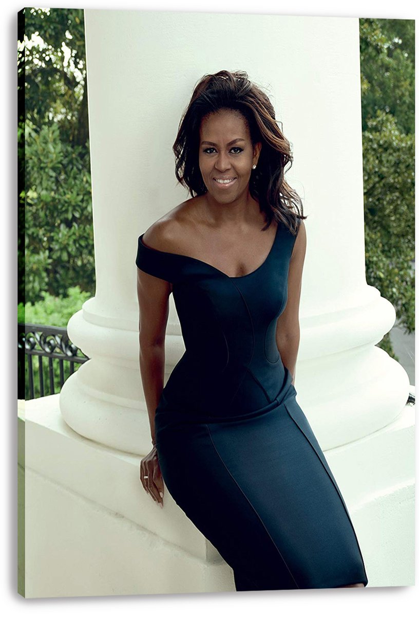 Michelle Obama canvas wall art print features her seated by a white column in a navy off-the-shoulder dress, with greenery behind.