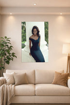 Michelle Obama in a bright living room above a beige sofa.