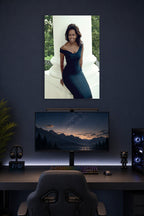 Michelle Obama in a gaming desk setup above a monitor.