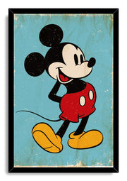 Mickey Mouse framed wall art print in a black frame, featuring the smiling character on a distressed turquoise blue background.