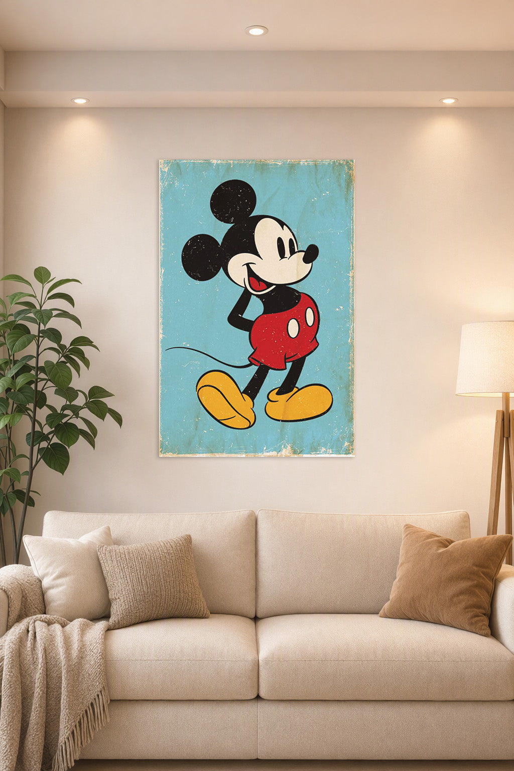 Mickey Mouse in a bright living room above a beige sofa.
