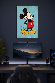 Mickey Mouse in a gaming desk setup above a monitor.