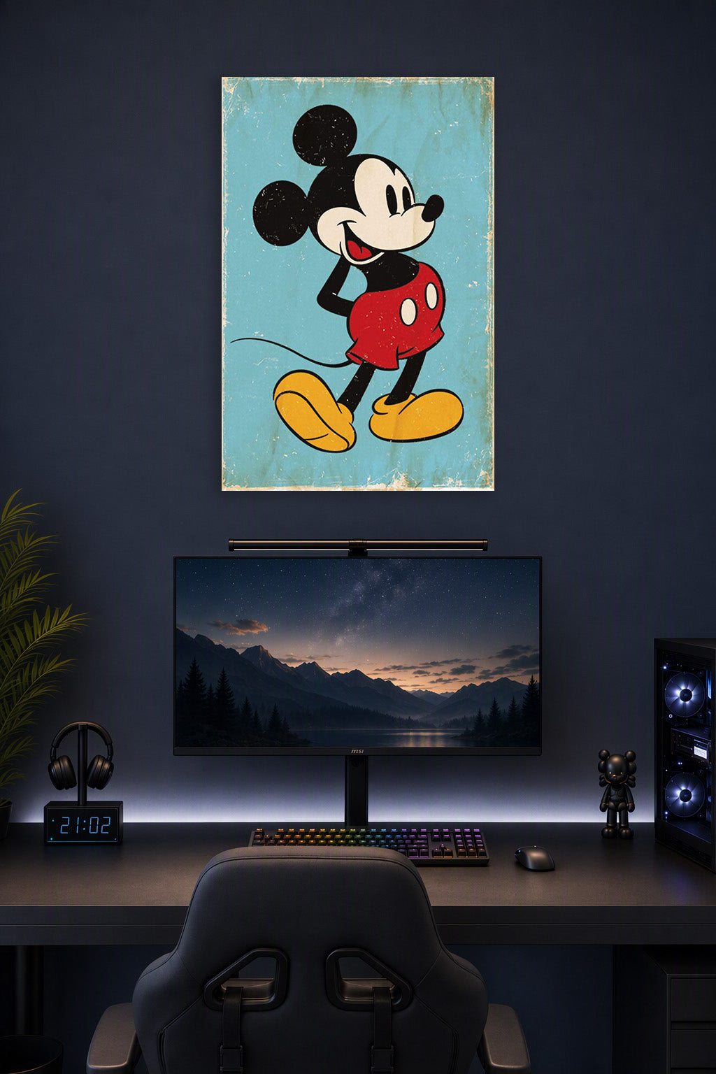 Mickey Mouse in a gaming desk setup above a monitor.