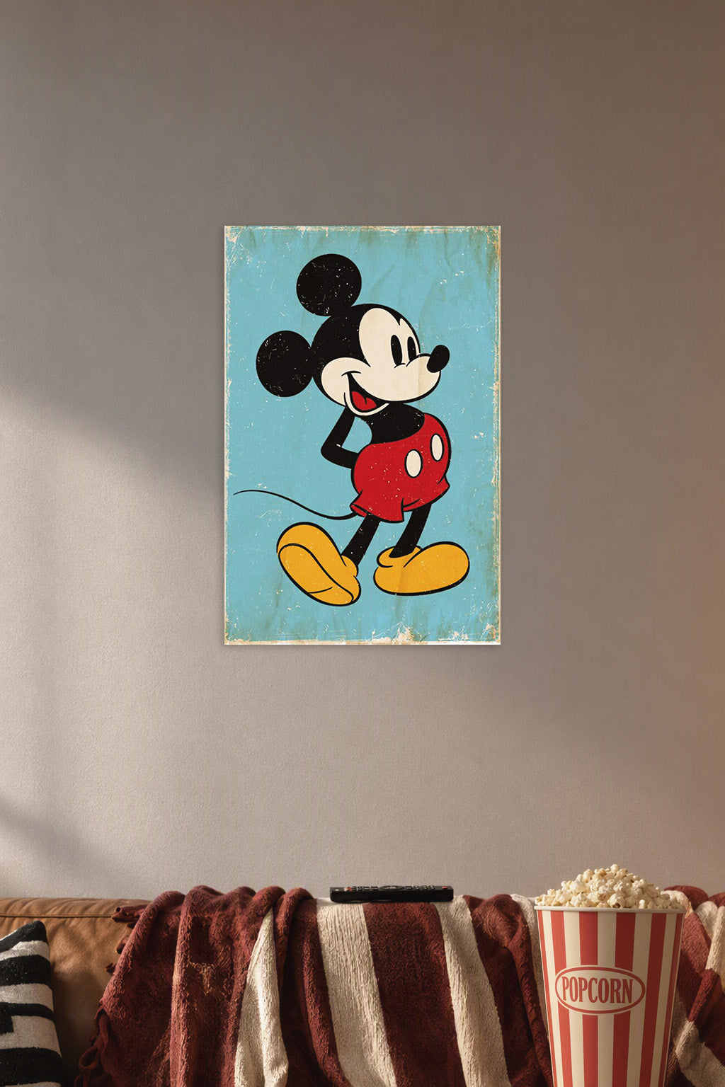 Mickey Mouse in a cozy movie room above a brown sofa with popcorn.
