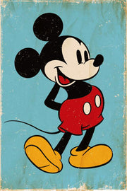 Mickey Mouse wall art print in retro distressed style, smiling in red shorts and yellow shoes on a turquoise background.
