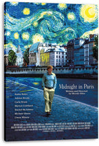 Midnight in Paris canvas wall art print featuring Owen Wilson on a Paris riverside beneath vivid swirling stars.