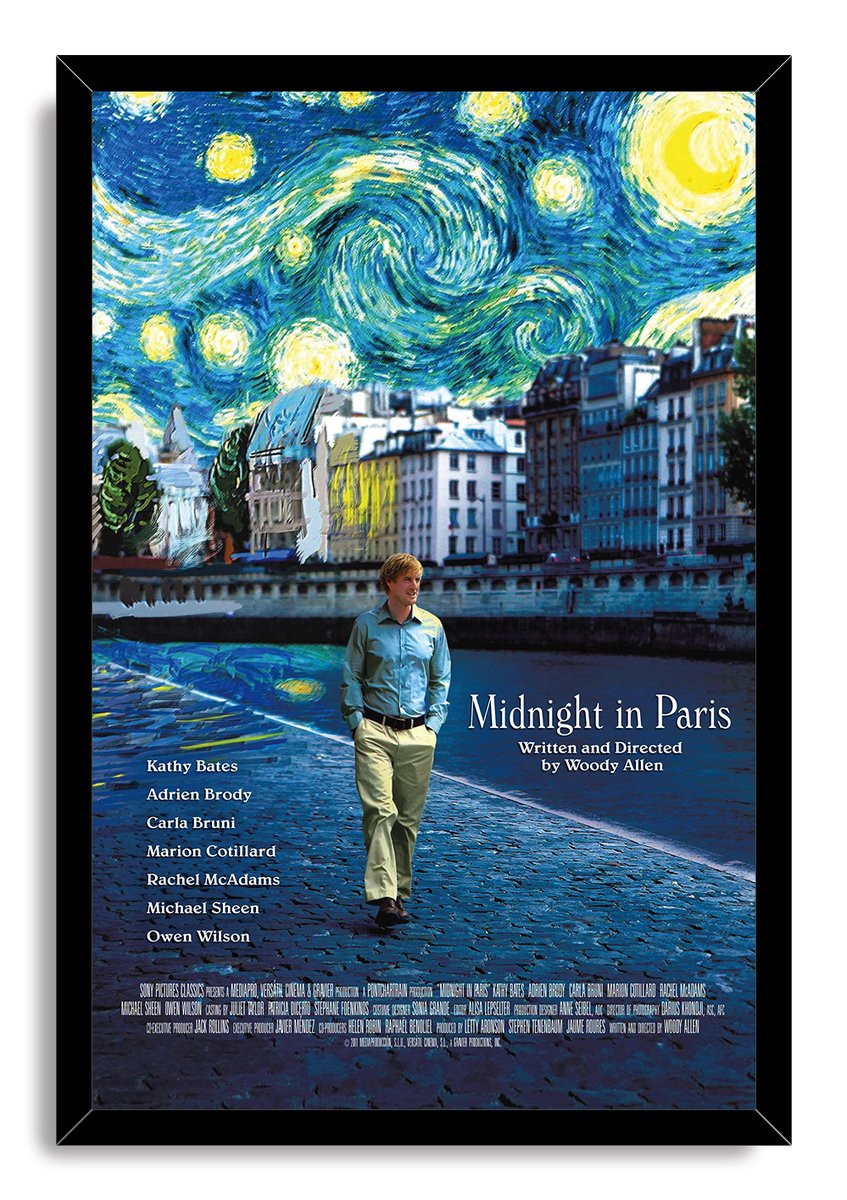 Midnight in Paris framed wall art print with Owen Wilson walking on cobblestones under a dramatic blue star-filled sky.