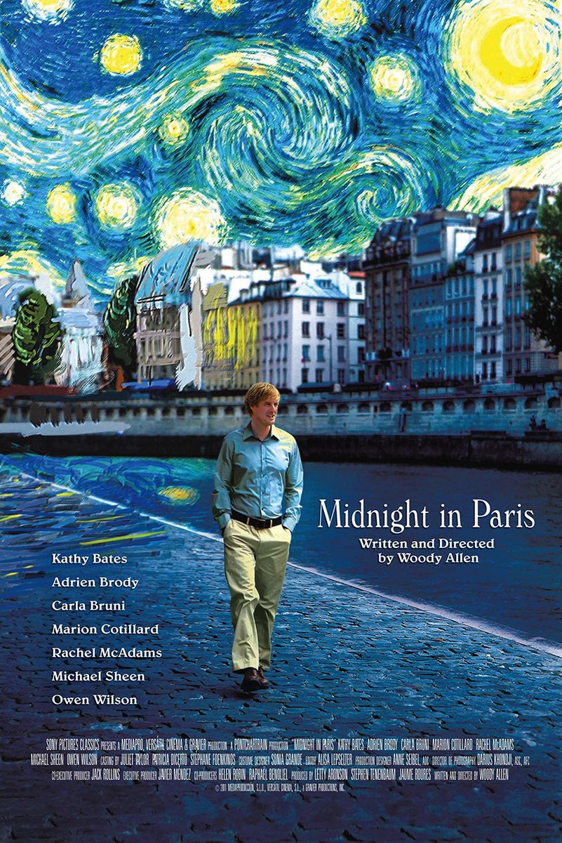 Midnight in Paris movie poster with Owen Wilson walking beside the Seine under a swirling blue and yellow starry sky.