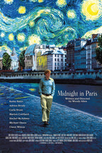 Midnight in Paris movie poster with Owen Wilson walking beside the Seine under a swirling blue and yellow starry sky.