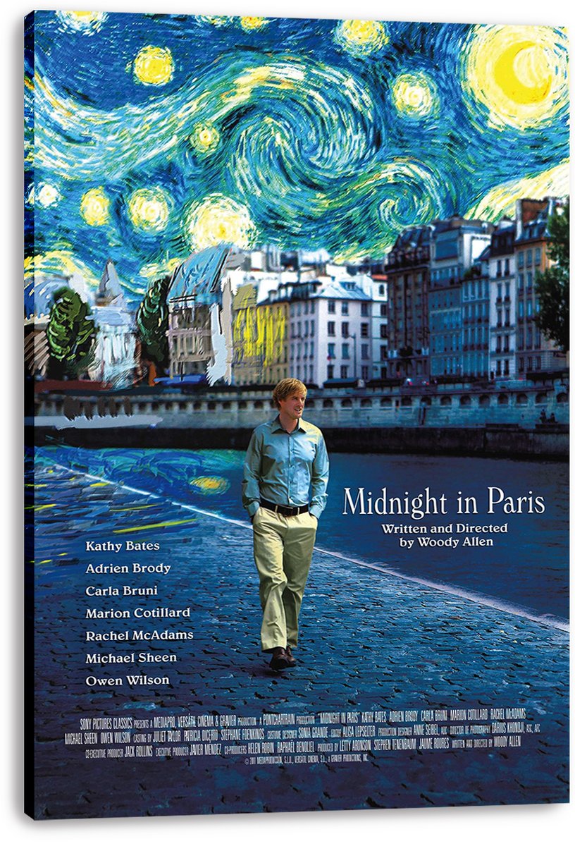 Midnight in Paris canvas wall art print featuring Owen Wilson on a Paris riverbank under vivid swirling stars, displayed with wrapped edges.