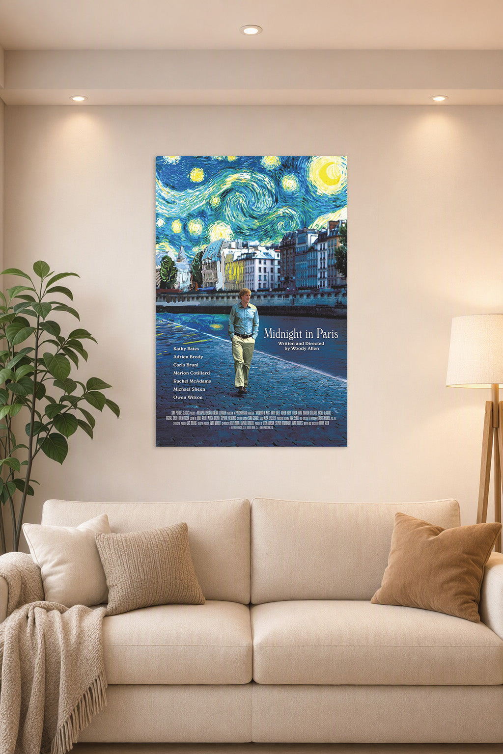 Midnight in Paris Movie Poster in a bright living room above a beige sofa.