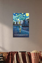 Midnight in Paris Movie Poster in a cozy movie room above a brown sofa with popcorn.