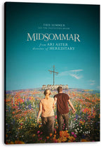 Midsommar canvas wall art print displays a couple in a colorful flower field approaching a maypole and distant festival crowd.