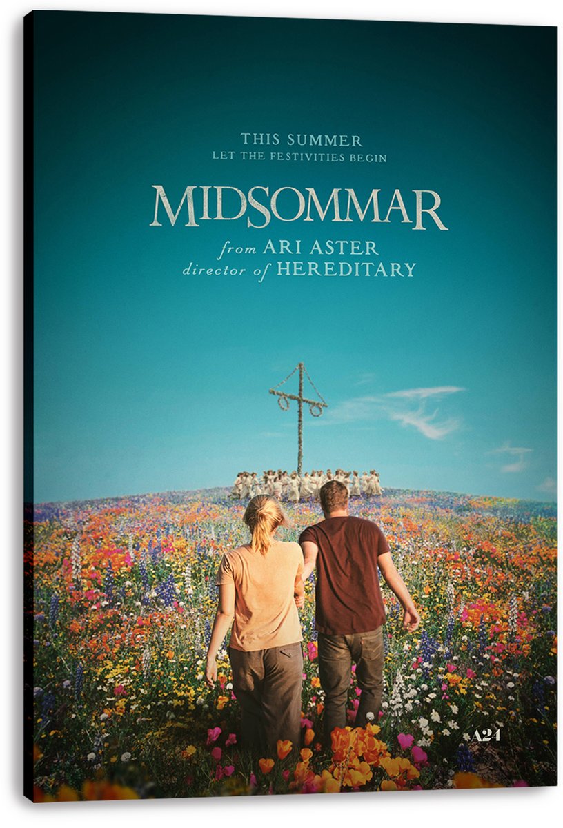Midsommar canvas wall art print displays a couple in a colorful flower field approaching a maypole and distant festival crowd.