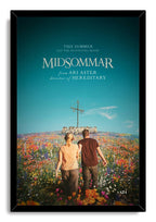 Midsommar framed wall art print portrays two figures crossing a bright meadow toward a maypole under turquoise skies.