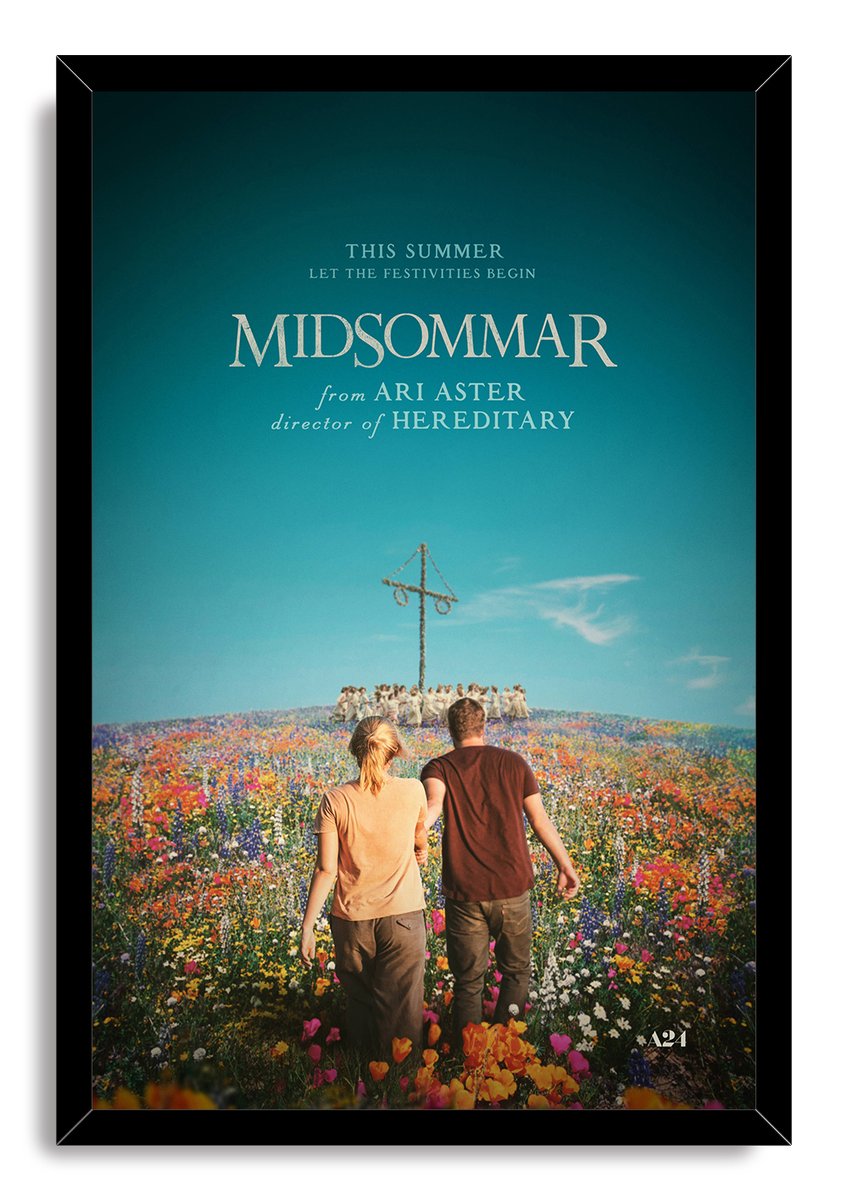 Midsommar framed wall art print portrays two figures crossing a bright meadow toward a maypole under turquoise skies.