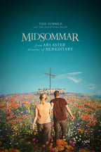 Midsommar poster features a couple walking through vivid wildflowers toward a maypole and white-clad group beneath a teal sky.