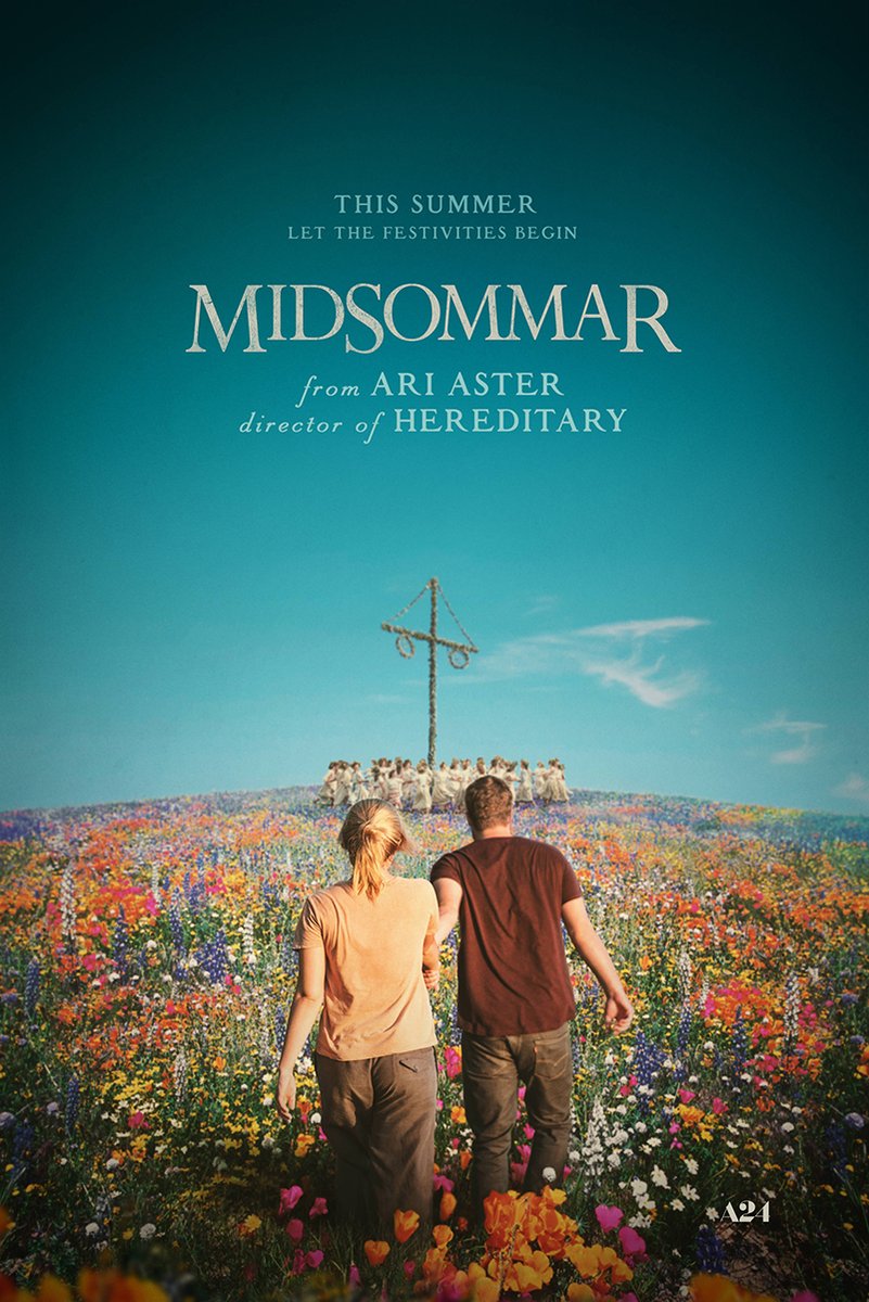 Midsommar poster features a couple walking through vivid wildflowers toward a maypole and white-clad group beneath a teal sky.