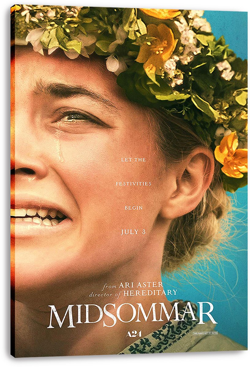 Midsommar canvas wall art print with a close-up of a crying woman wearing a flower crown and white title text.