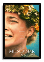 Midsommar framed wall art print in a black frame, portraying a tearful woman in a floral crown on turquoise.