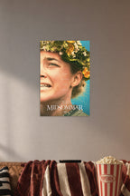 Midsommar Movie Poster in a cozy movie room above a brown sofa with popcorn.
