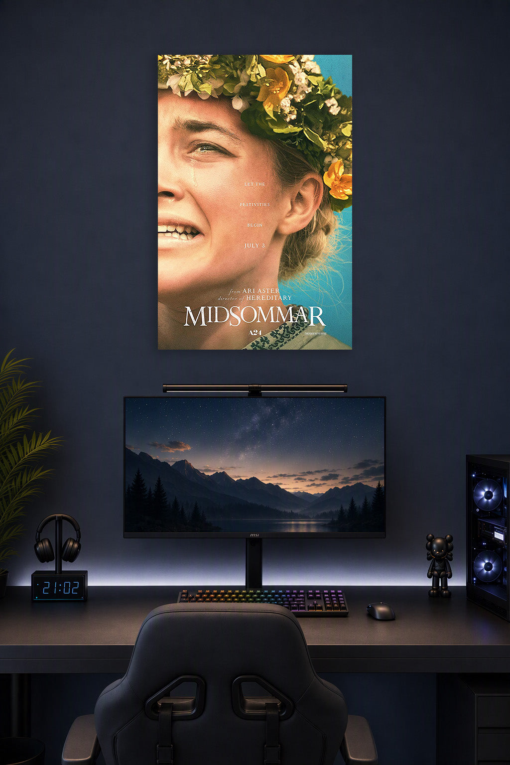 Midsommar Movie Poster in a gaming desk setup above a monitor.